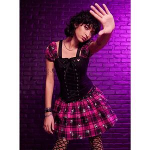 Skelanimals Goth Emo Pink Plaid Sleeve Corset Top Large